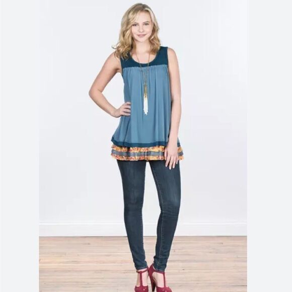 Woman’s Matilda‎ Jane School Spirit Multi Layer Floral Ruffle Blue Tunic Tank S - Picture 1 of 9